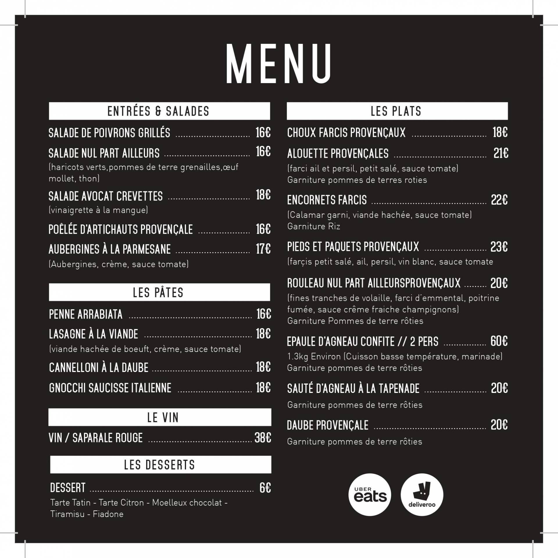 Carte de restaurant avec spécialités provençales et pizzas à Marseille