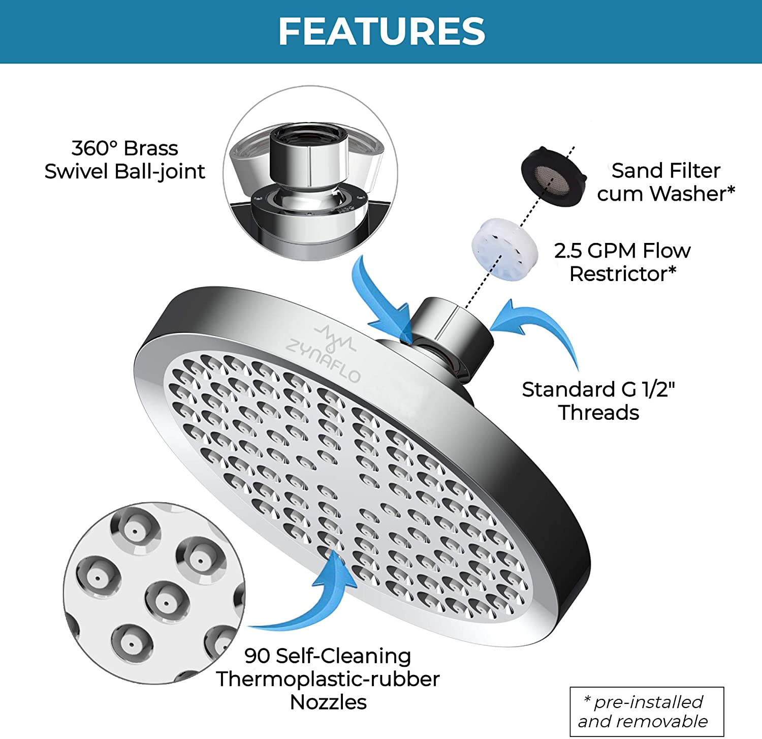 ZYNAFLO High Pressure Rain Shower Head Large 6Inch Rainshower