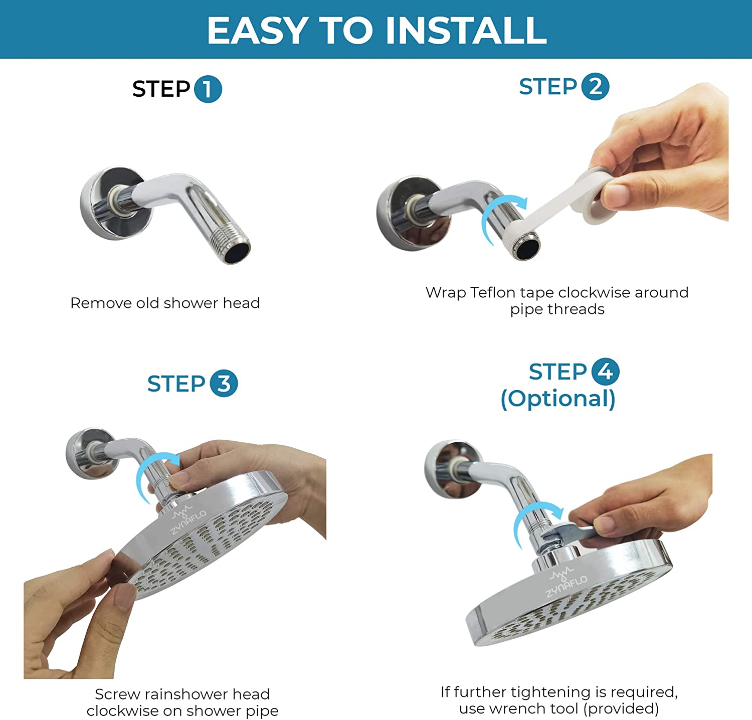 ZYNAFLO High Pressure Rain Shower Head Large 6Inch Rainshower