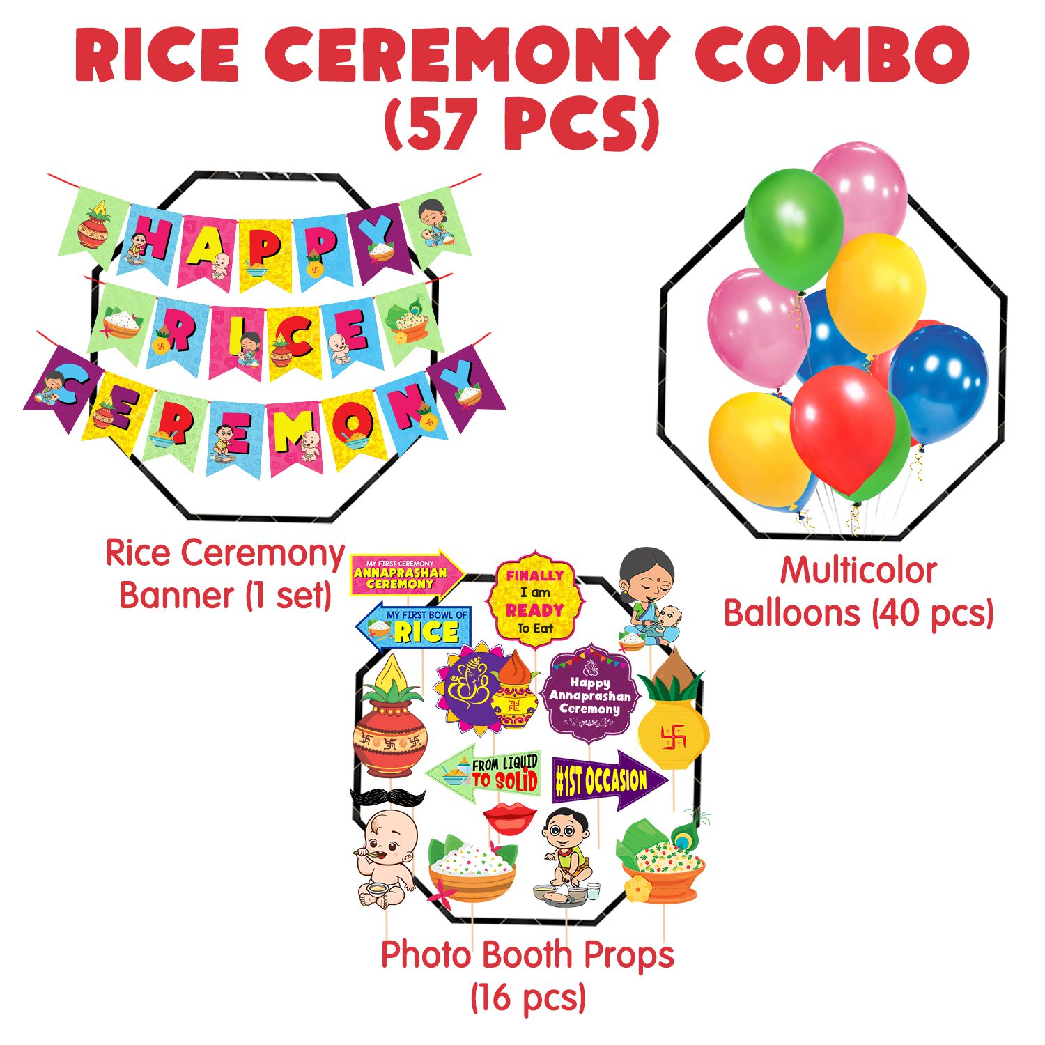 Rice Ceremony Banner With Photo Booth Props and Balloon, Annaprashan Decoration Items ( Pack Of