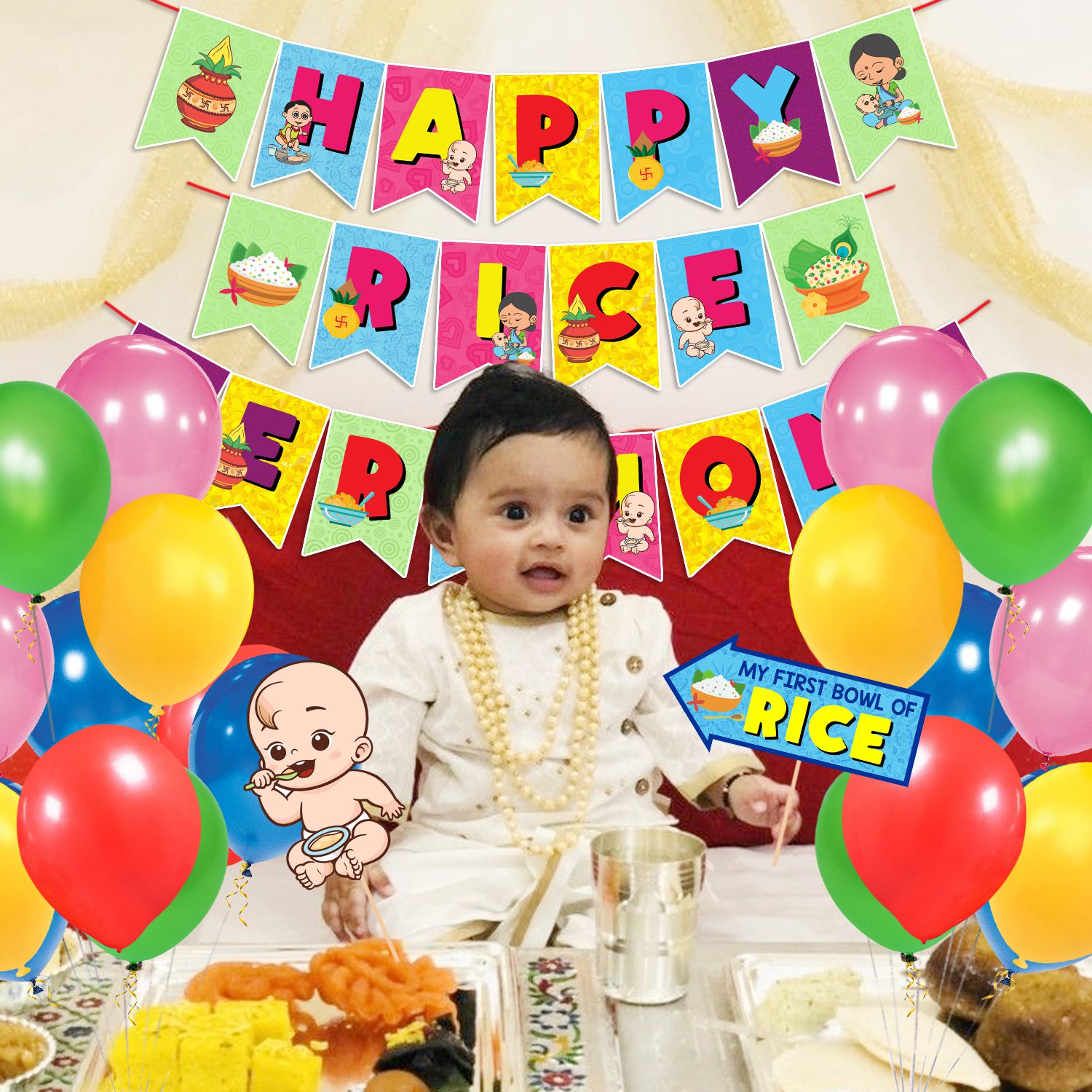 Rice Ceremony Banner With Photo Booth Props and Balloon, Annaprashan Decoration Items ( Pack Of