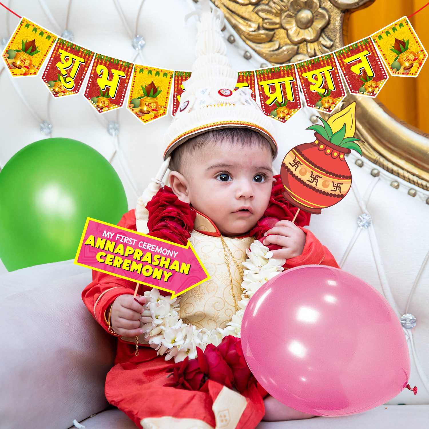 Annaprashan Decoration Items Photo Booth Props with Annaprashan Bunting Banner & Balloons (Pack