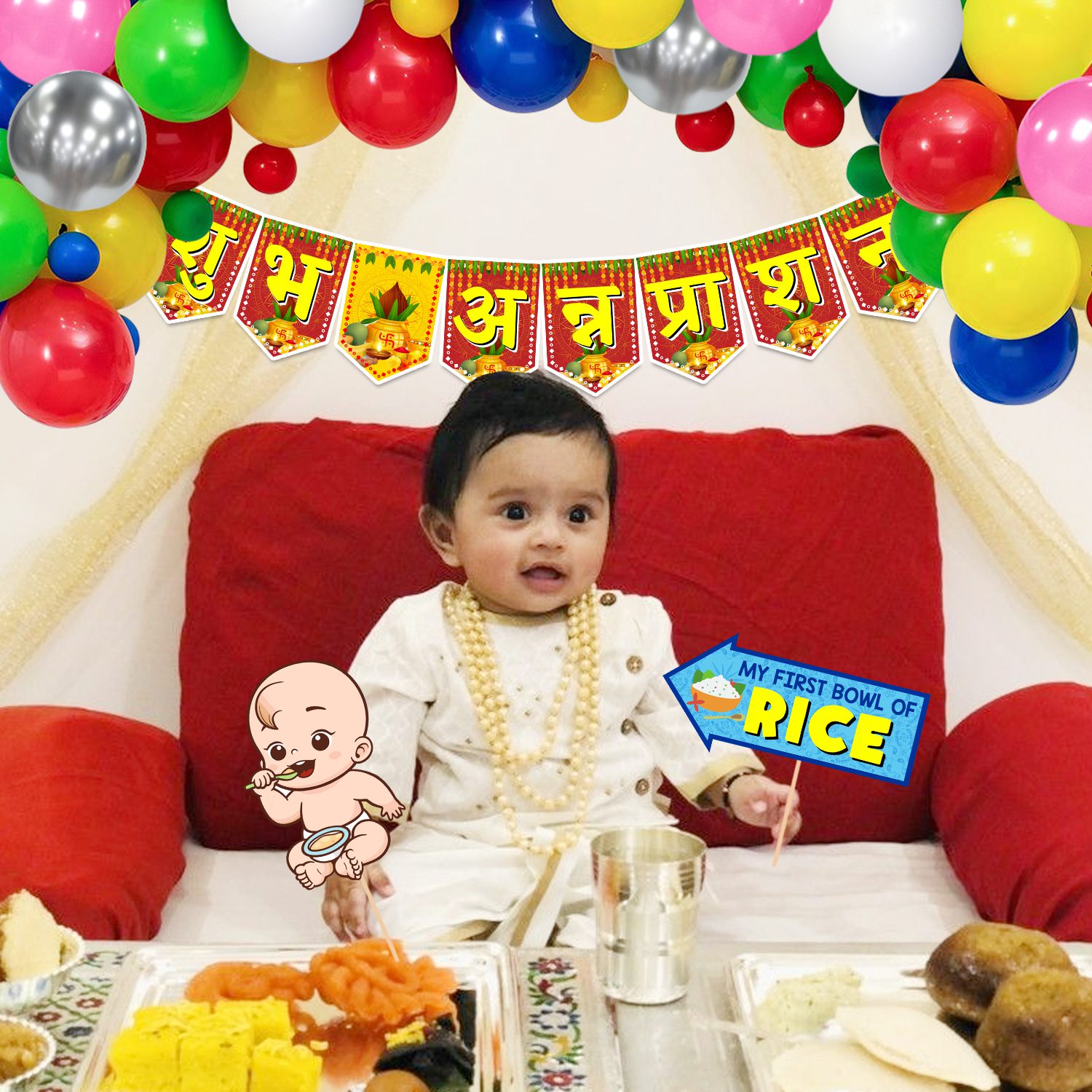 Annaprashan Decoration Items Photo Booth Props with Annaprashan Bunting Banner & Balloons (Pack